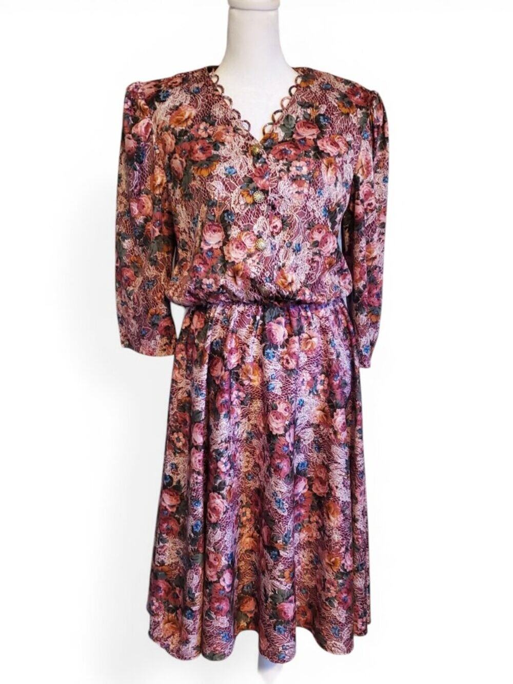 Vintage 70s 80s Pink Floral 3/4th Long Sleeve V Neck Grandma Midi Dress